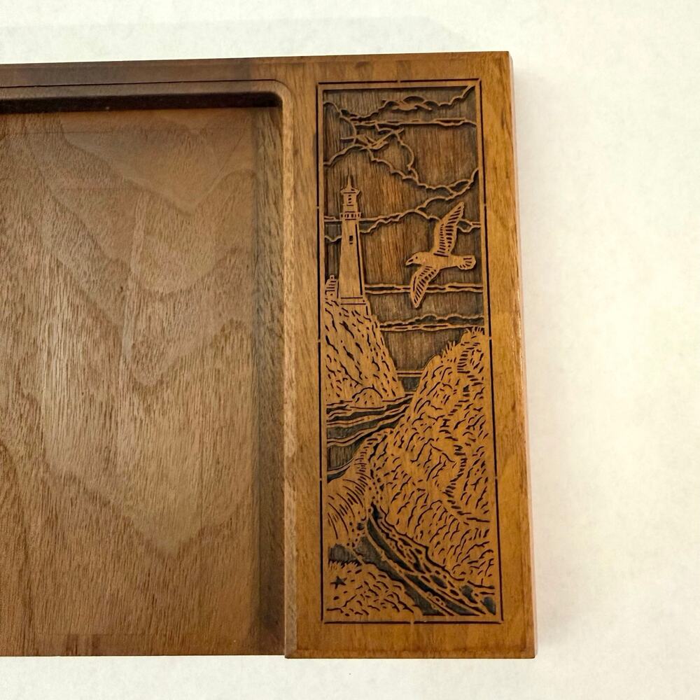 Lasercraft Walnut Coastal Lighthouse Seagull Desktop Note Pen Caddy Carved Wood